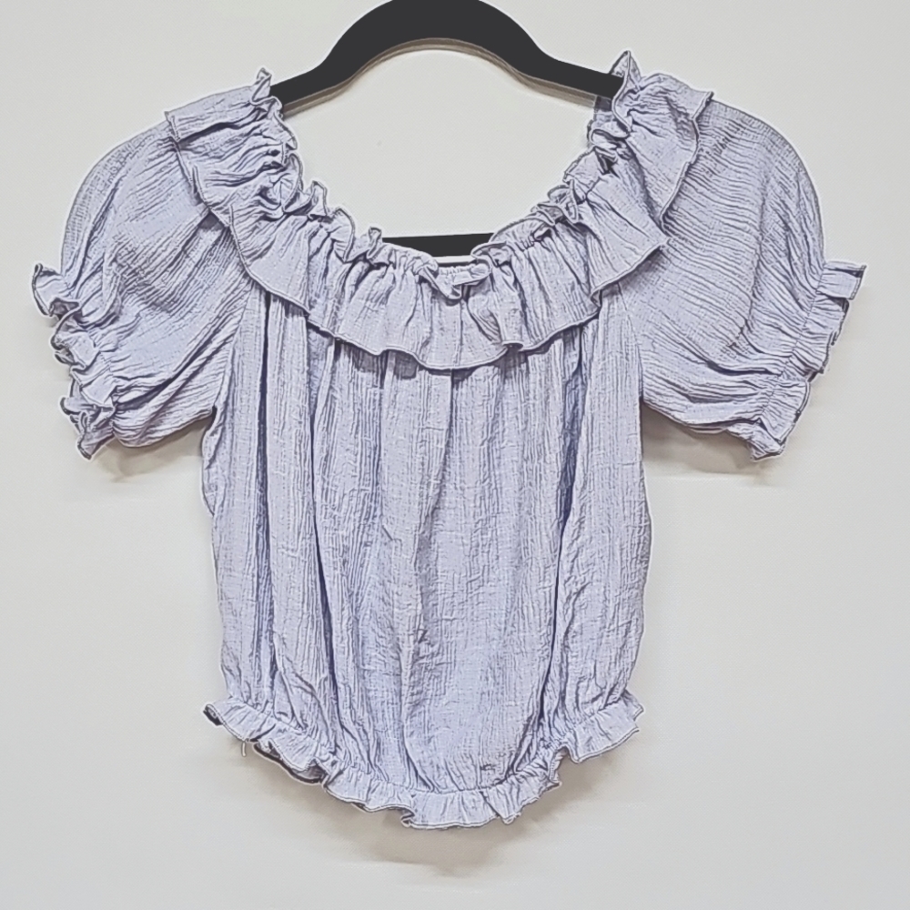 Waverleigh On Off Shoulder Ruffle Crop Top, Soft Blue, Size Small, NEW